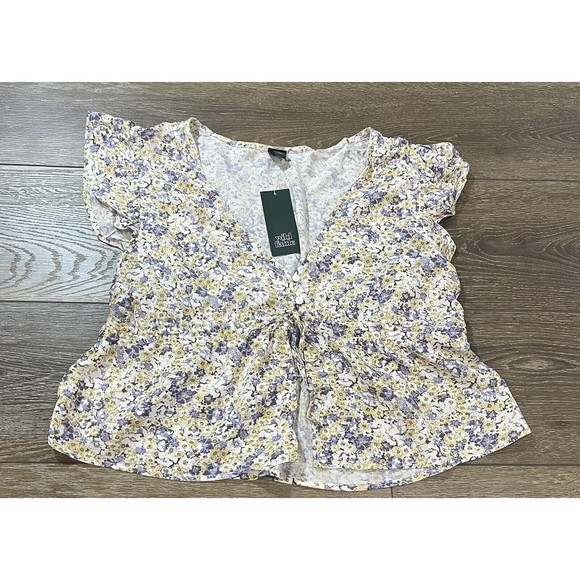 Wild Fable Flutter Sleeve V-Neck Tie-Front Flyaway Top Off-White top Large 122 - Picture 3 of 9